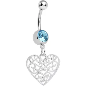 Aqua Gem Filigree Heart Dangle Belly Ring