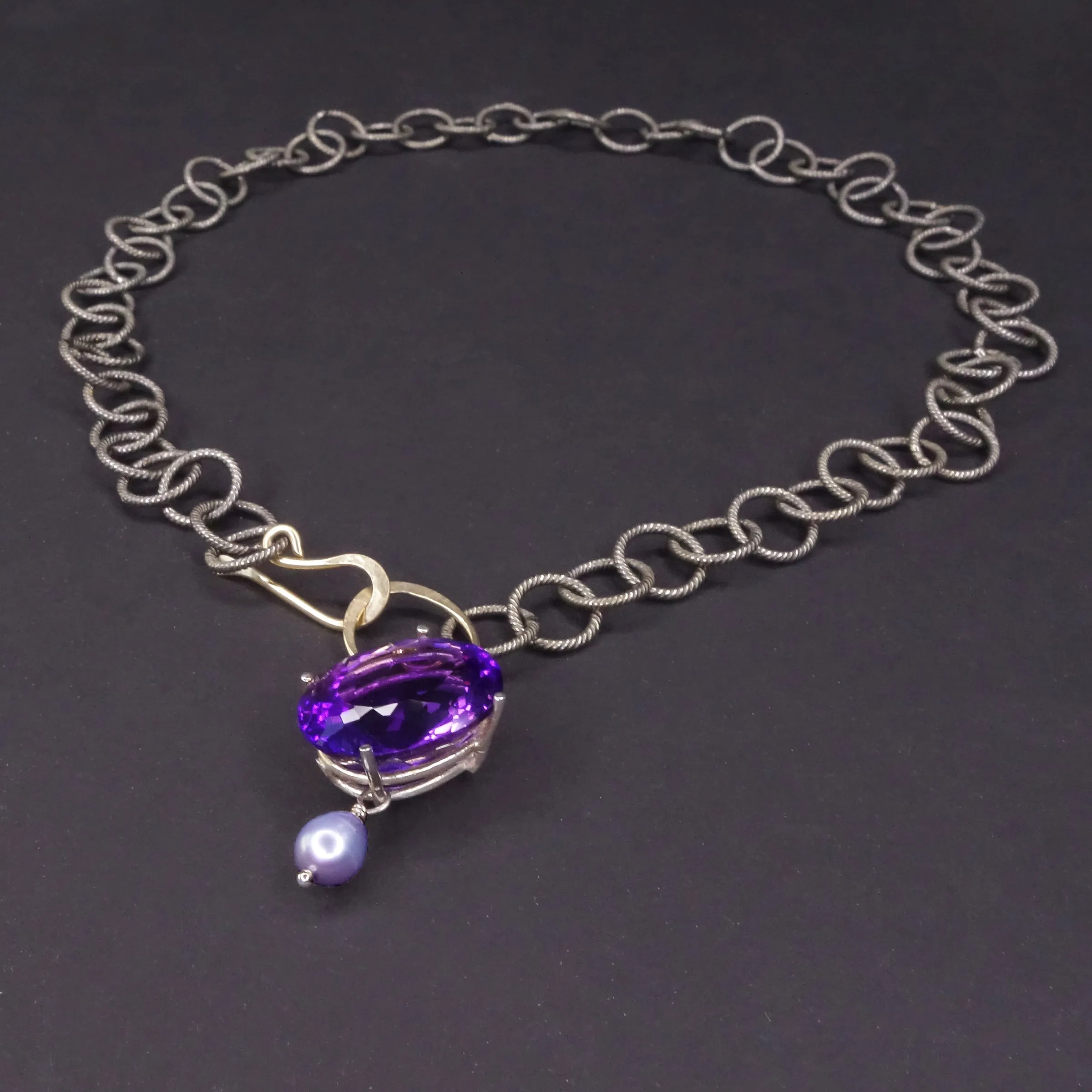 Aristocrat of the Blues: amethyst   pearl   hammered gold necklace