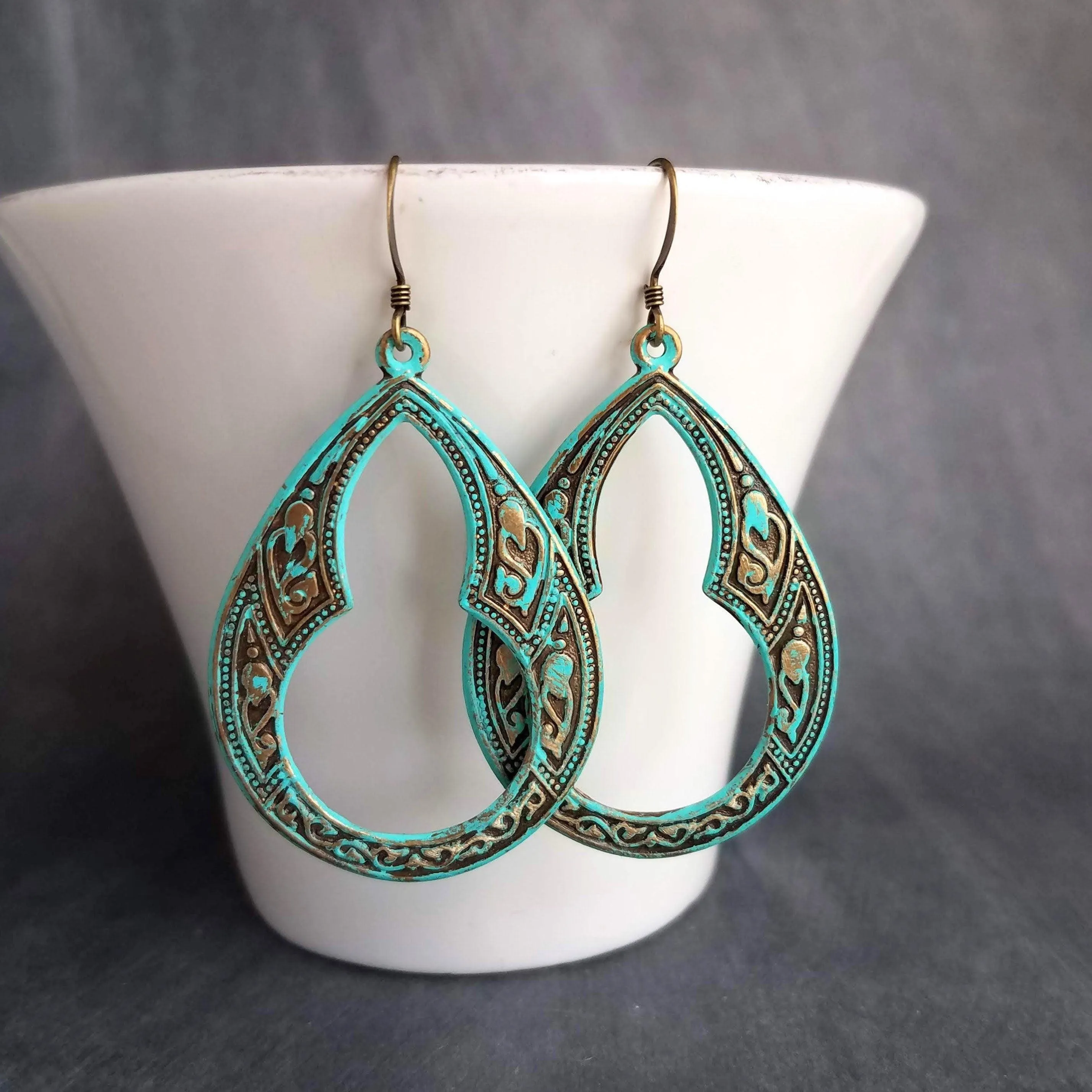 Art Deco Earrings, large teardrop earrings, verdigris patina earrings, blue green earrings, ornate earrings, verdigris earring, aqua patina