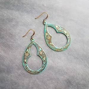 Art Deco Earrings, large teardrop earrings, verdigris patina earrings, blue green earrings, ornate earrings, verdigris earring, aqua patina