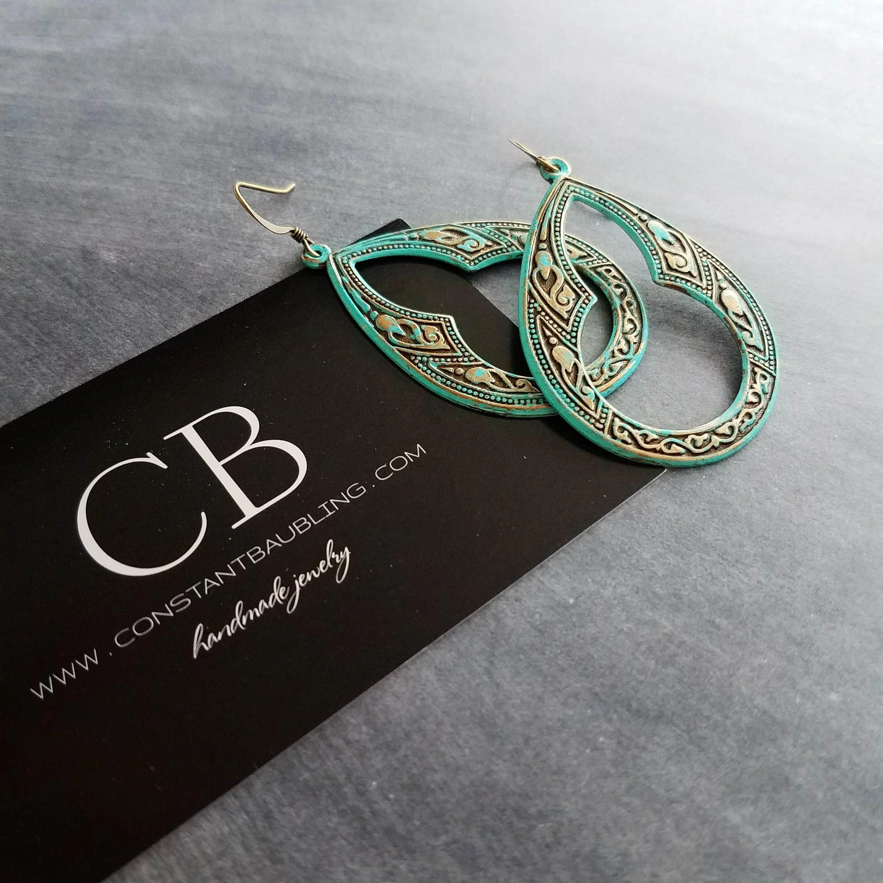 Art Deco Earrings, large teardrop earrings, verdigris patina earrings, blue green earrings, ornate earrings, verdigris earring, aqua patina