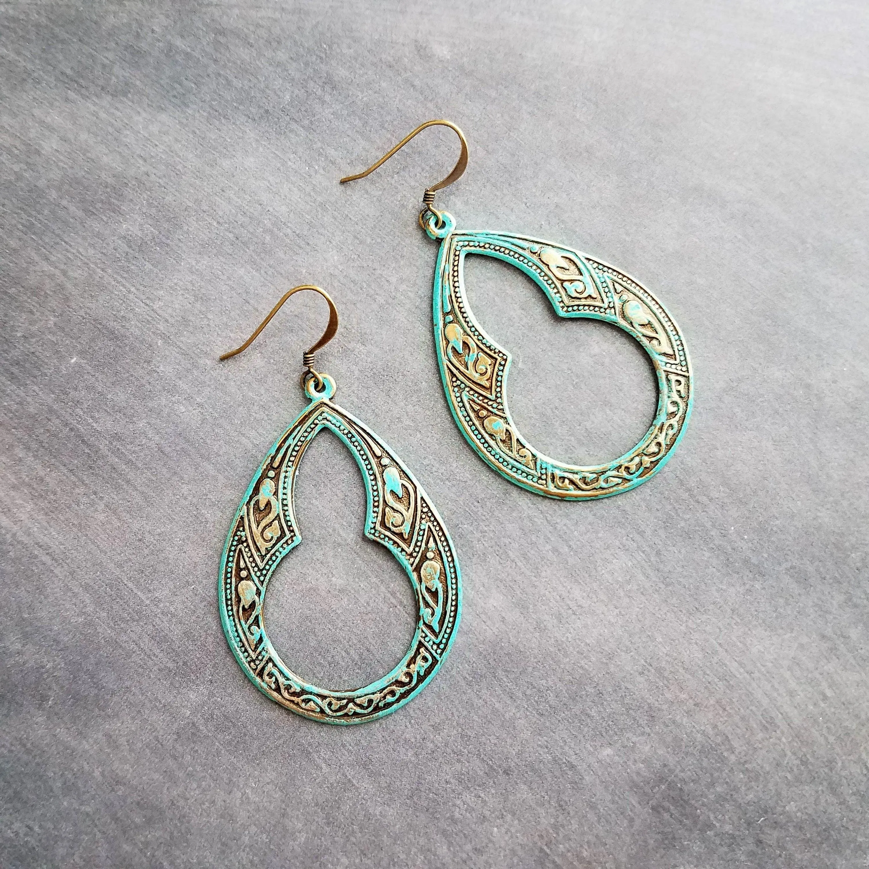 Art Deco Earrings, large teardrop earrings, verdigris patina earrings, blue green earrings, ornate earrings, verdigris earring, aqua patina