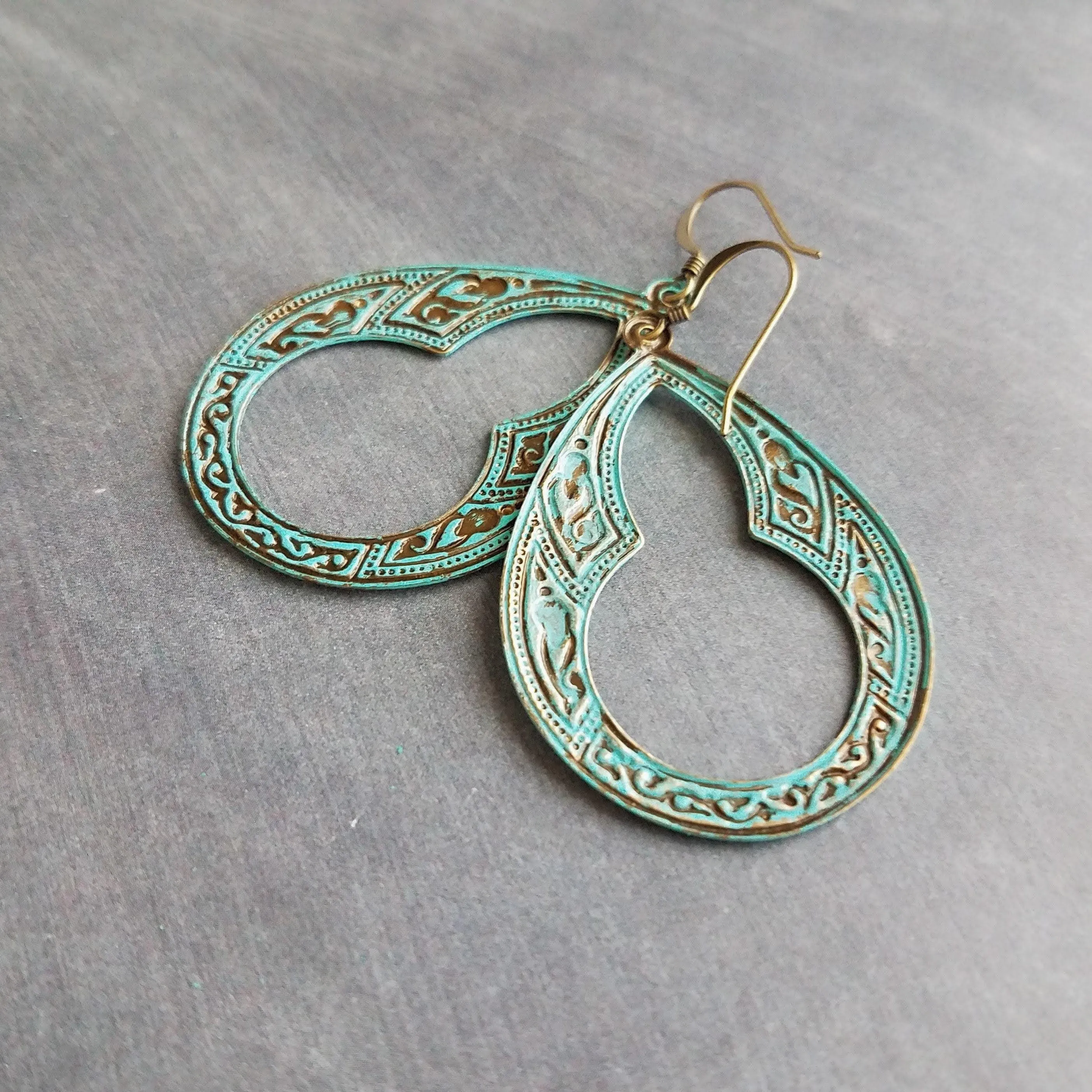 Art Deco Earrings, large teardrop earrings, verdigris patina earrings, blue green earrings, ornate earrings, verdigris earring, aqua patina