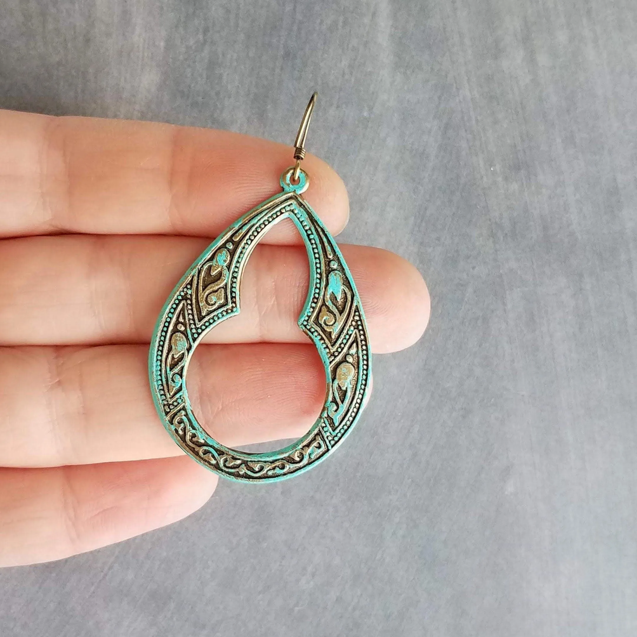 Art Deco Earrings, large teardrop earrings, verdigris patina earrings, blue green earrings, ornate earrings, verdigris earring, aqua patina