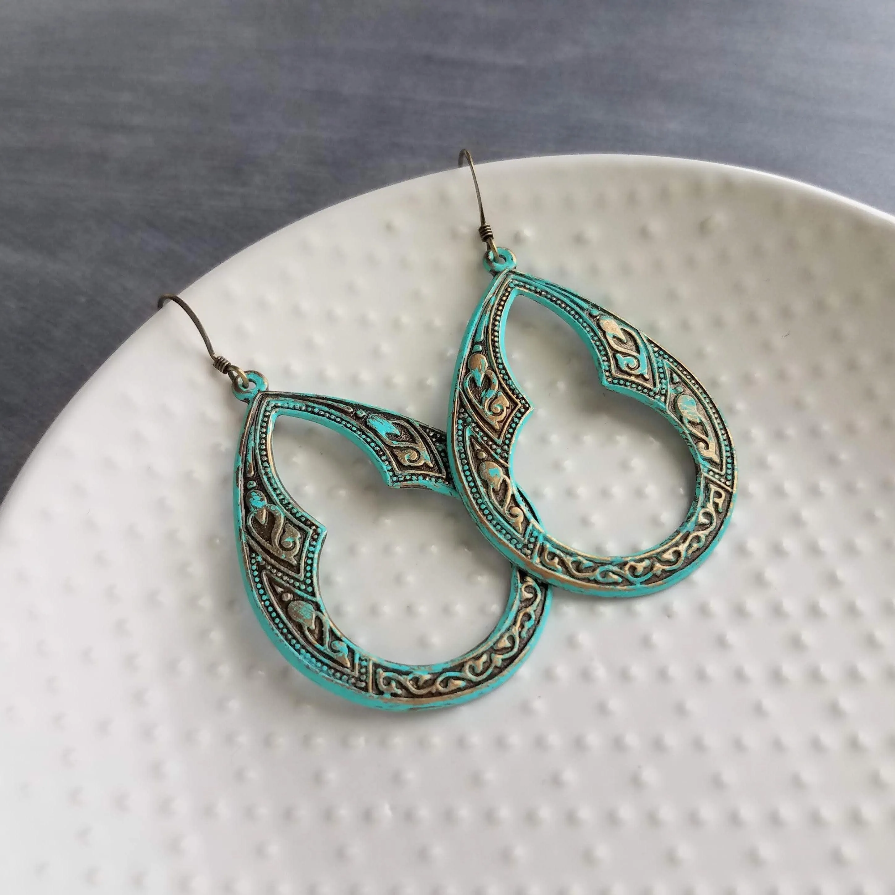 Art Deco Earrings, large teardrop earrings, verdigris patina earrings, blue green earrings, ornate earrings, verdigris earring, aqua patina