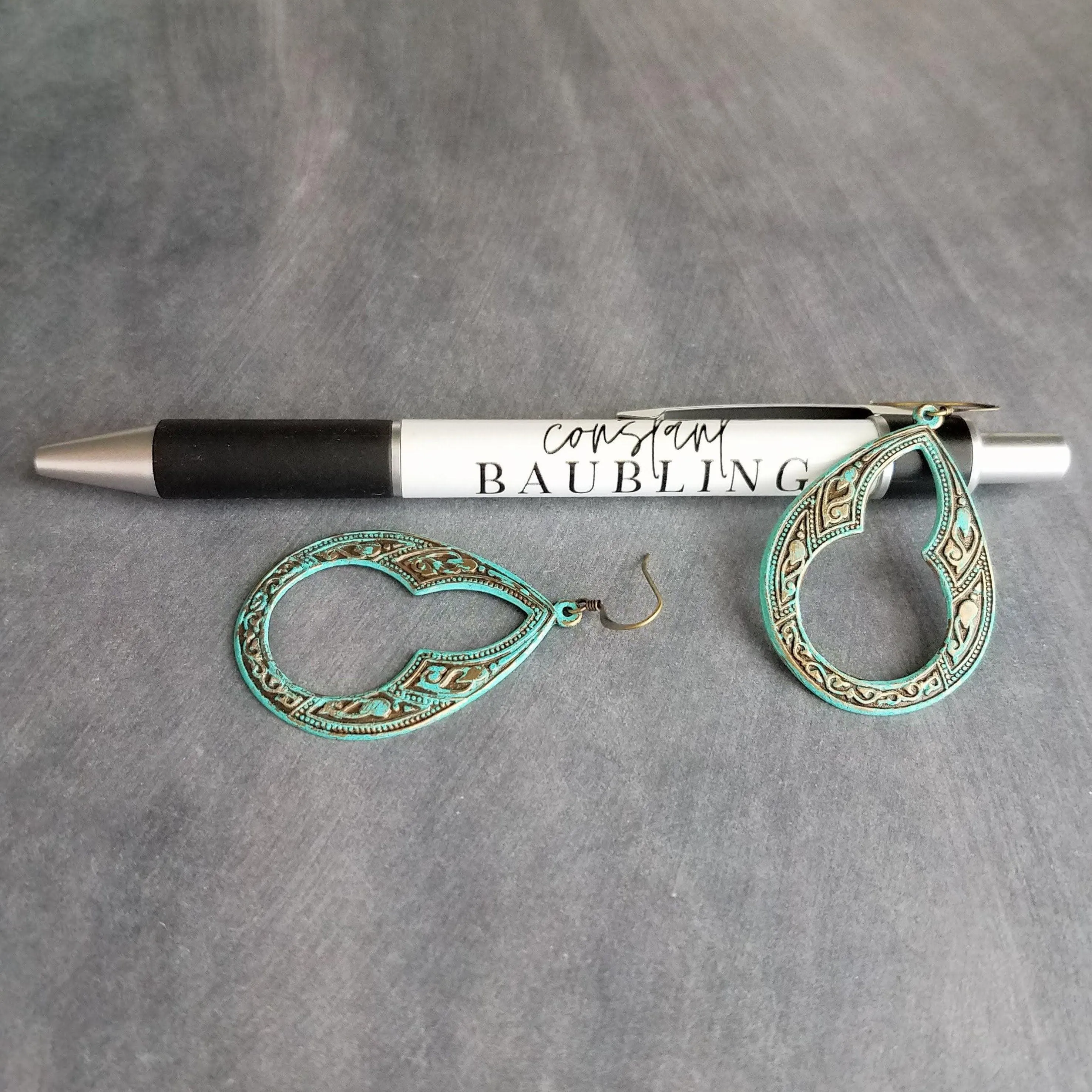Art Deco Earrings, large teardrop earrings, verdigris patina earrings, blue green earrings, ornate earrings, verdigris earring, aqua patina