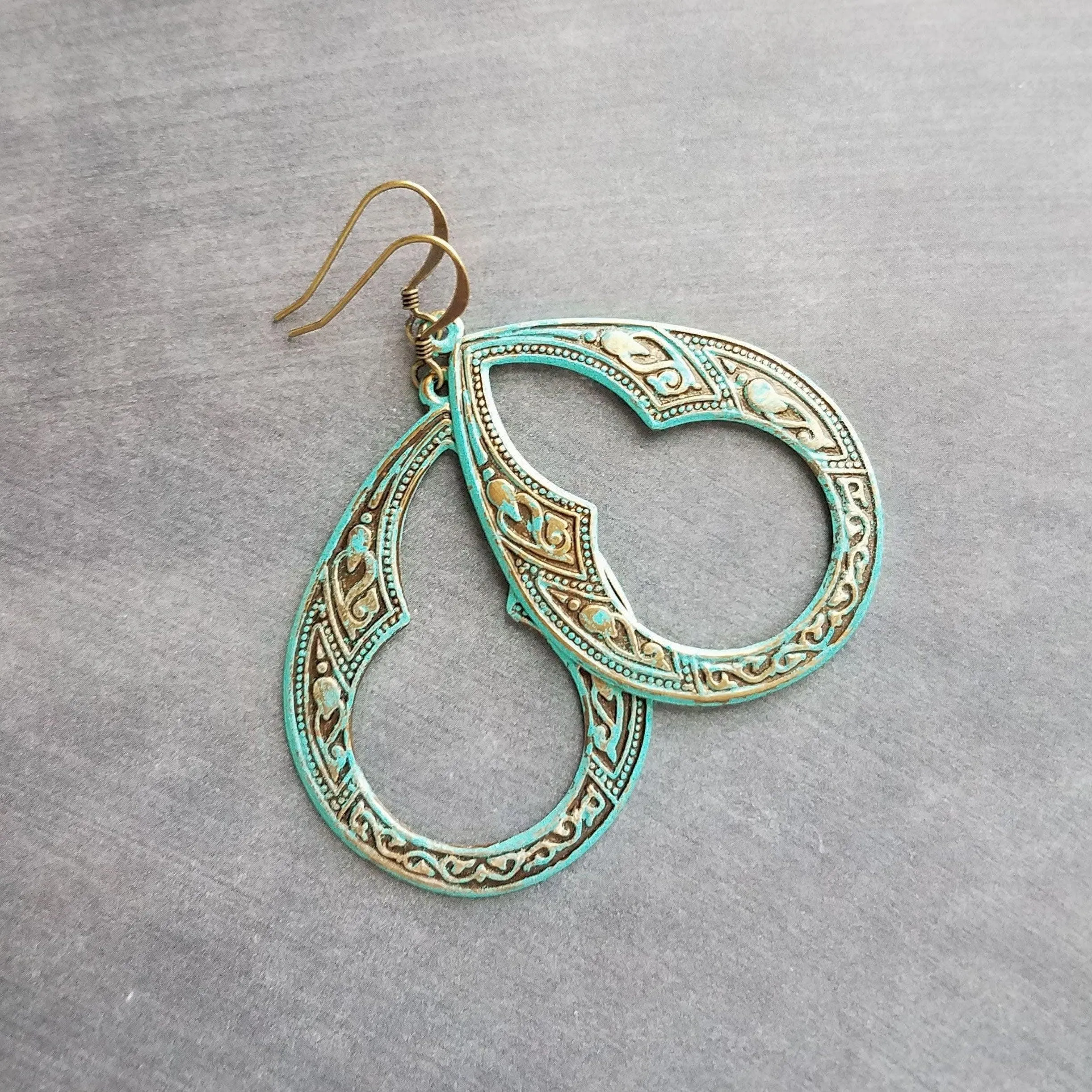 Art Deco Earrings, large teardrop earrings, verdigris patina earrings, blue green earrings, ornate earrings, verdigris earring, aqua patina