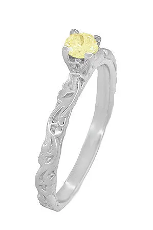 Art Deco Scrolls Fancy Yellow Diamond Engagement Ring in 14 Karat White Gold