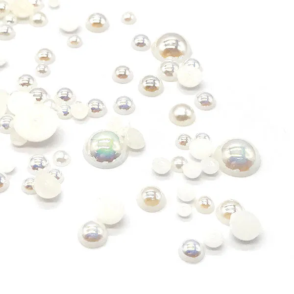 Assorted Mix Sizes (2mm to 10mm) Faux Round Shiny Pearls Flatback Cabochon, Cream AB