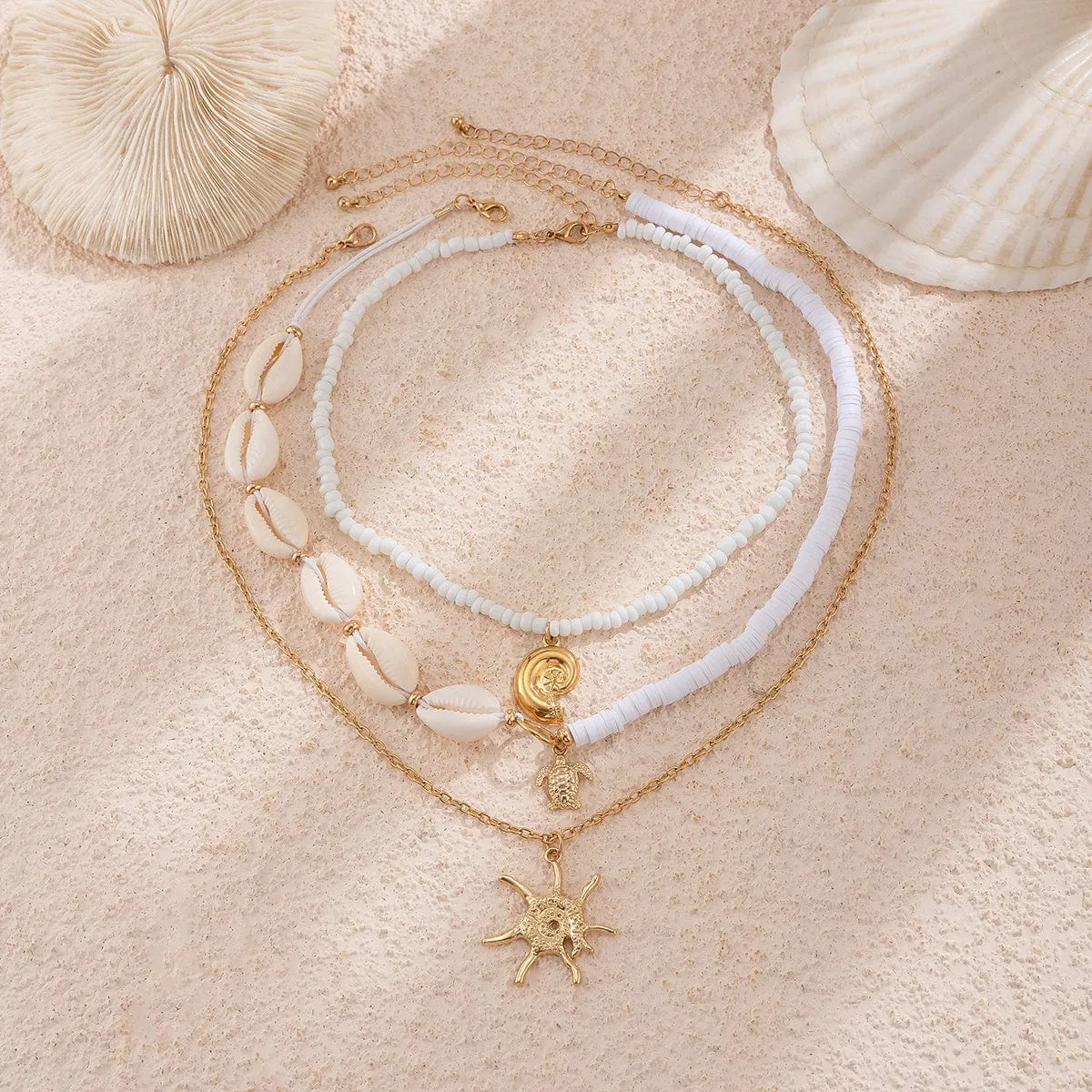 Beach Style 3Pcs Conch Starfish Turtle Pendant Seed Bead Necklace Set