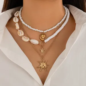 Beach Style 3Pcs Conch Starfish Turtle Pendant Seed Bead Necklace Set