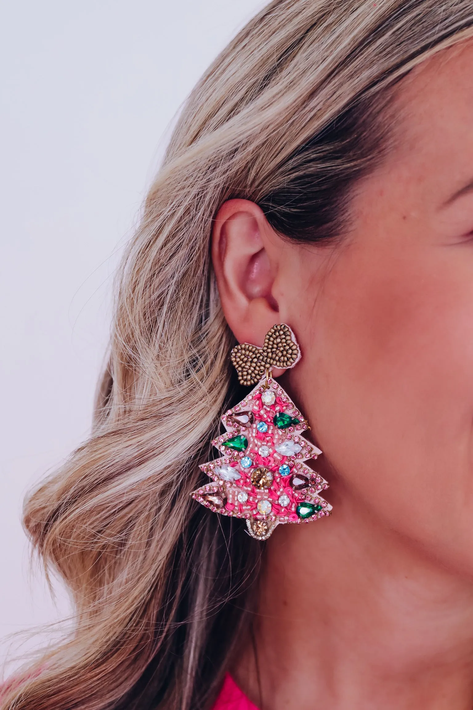 Bejeweled Christmas Tree Earrings - Pink