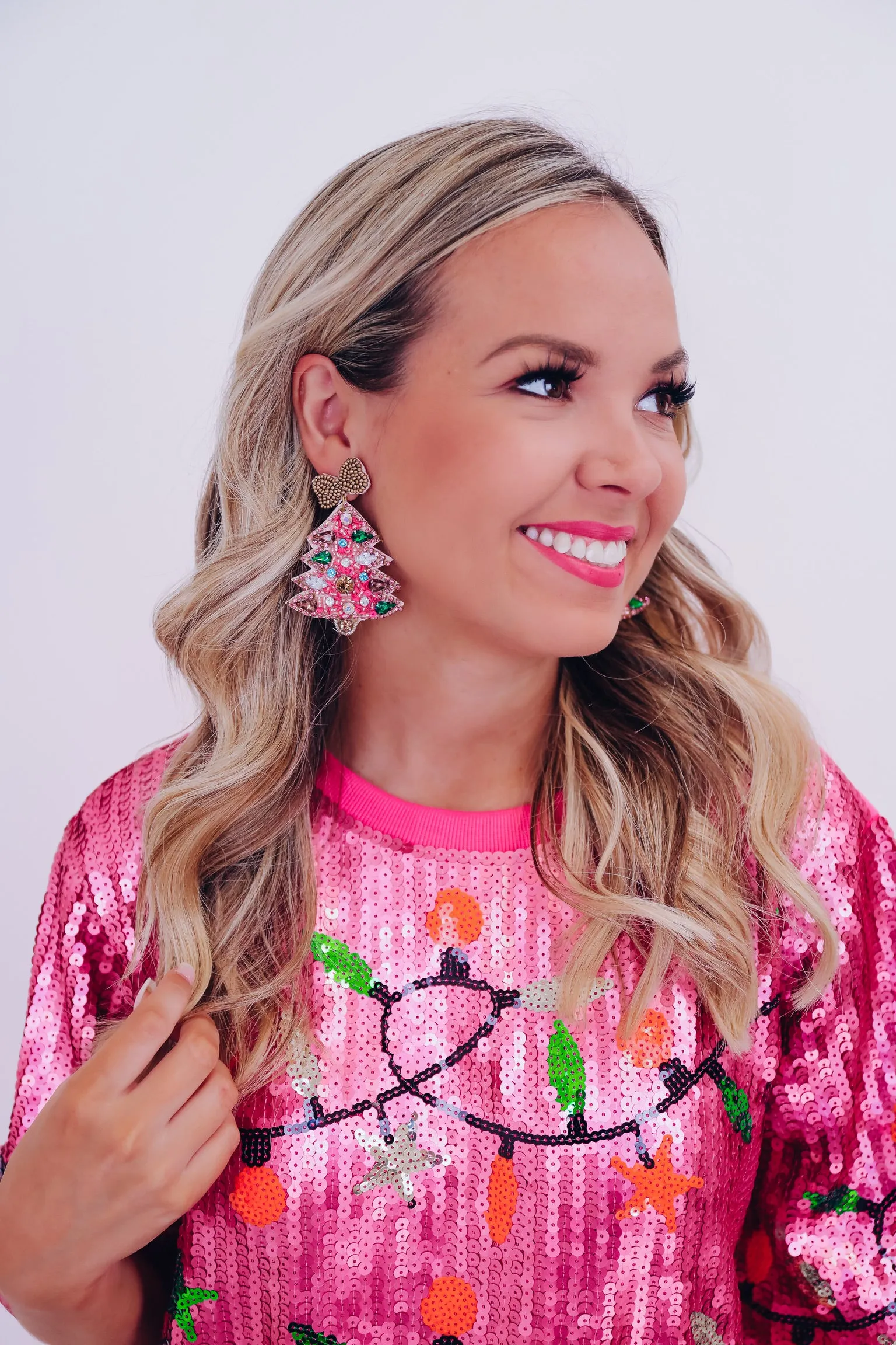 Bejeweled Christmas Tree Earrings - Pink