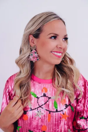 Bejeweled Christmas Tree Earrings - Pink
