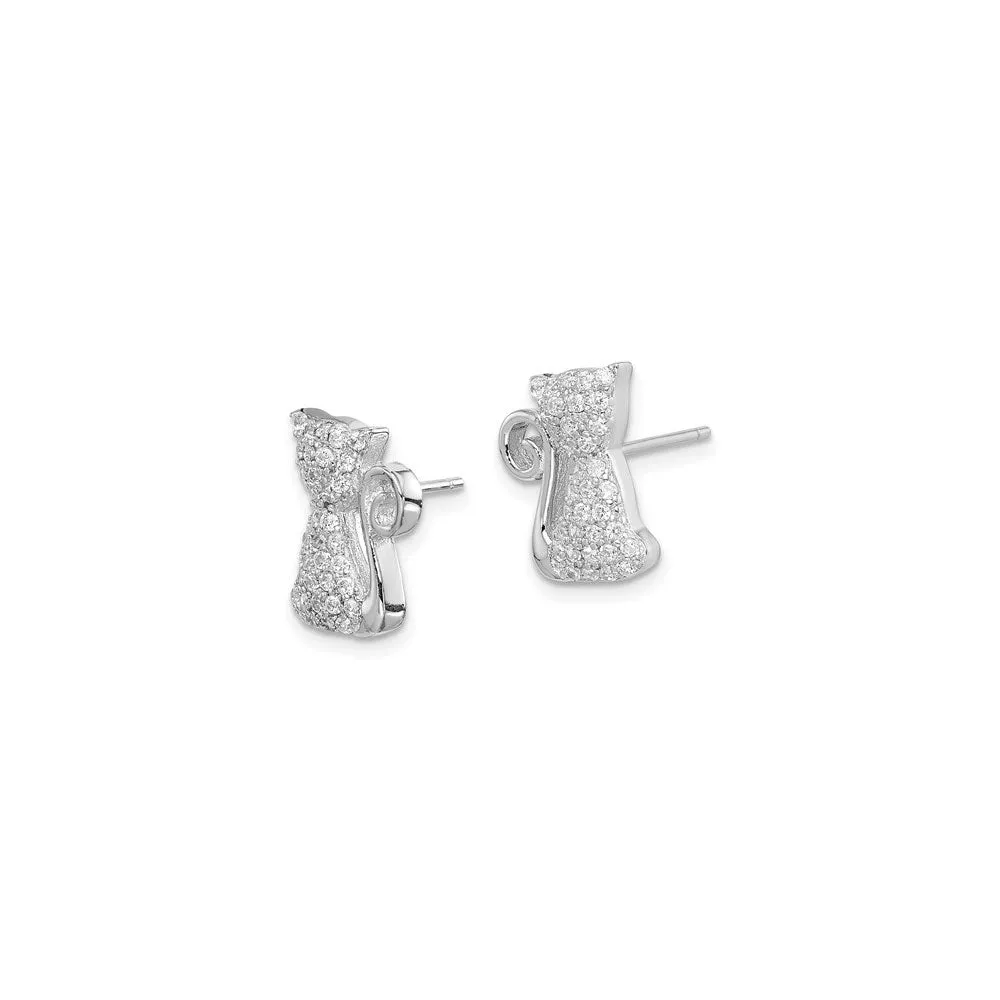 Bejeweled Sitting Cat CZ Stud Earrings (Silver)