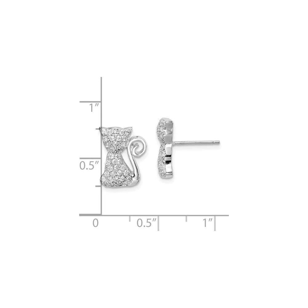 Bejeweled Sitting Cat CZ Stud Earrings (Silver)