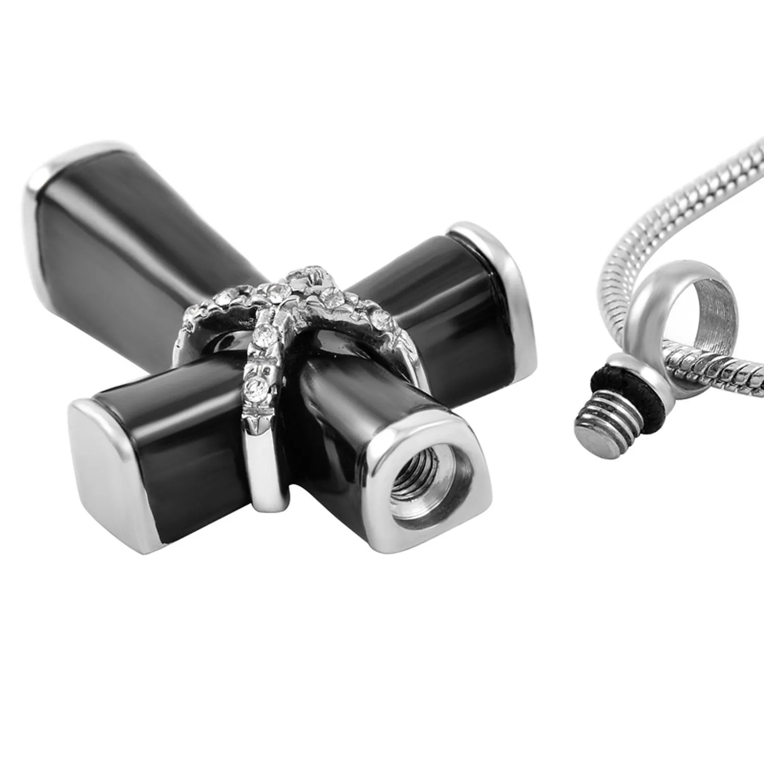 Black and Silver Hawser Cross with Crystals Cremation Jewelry