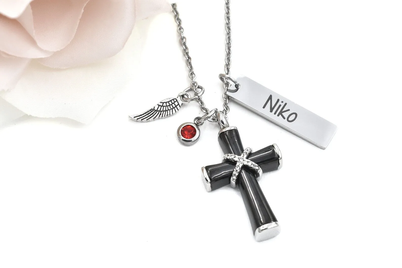 Black and Silver Hawser Cross with Crystals Cremation Jewelry