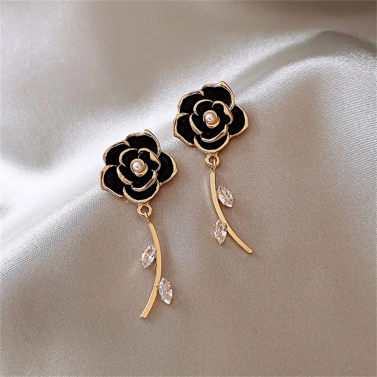Black Enamel & Cubic Zirconia 18K Gold-Plated Floral Drop Earrings