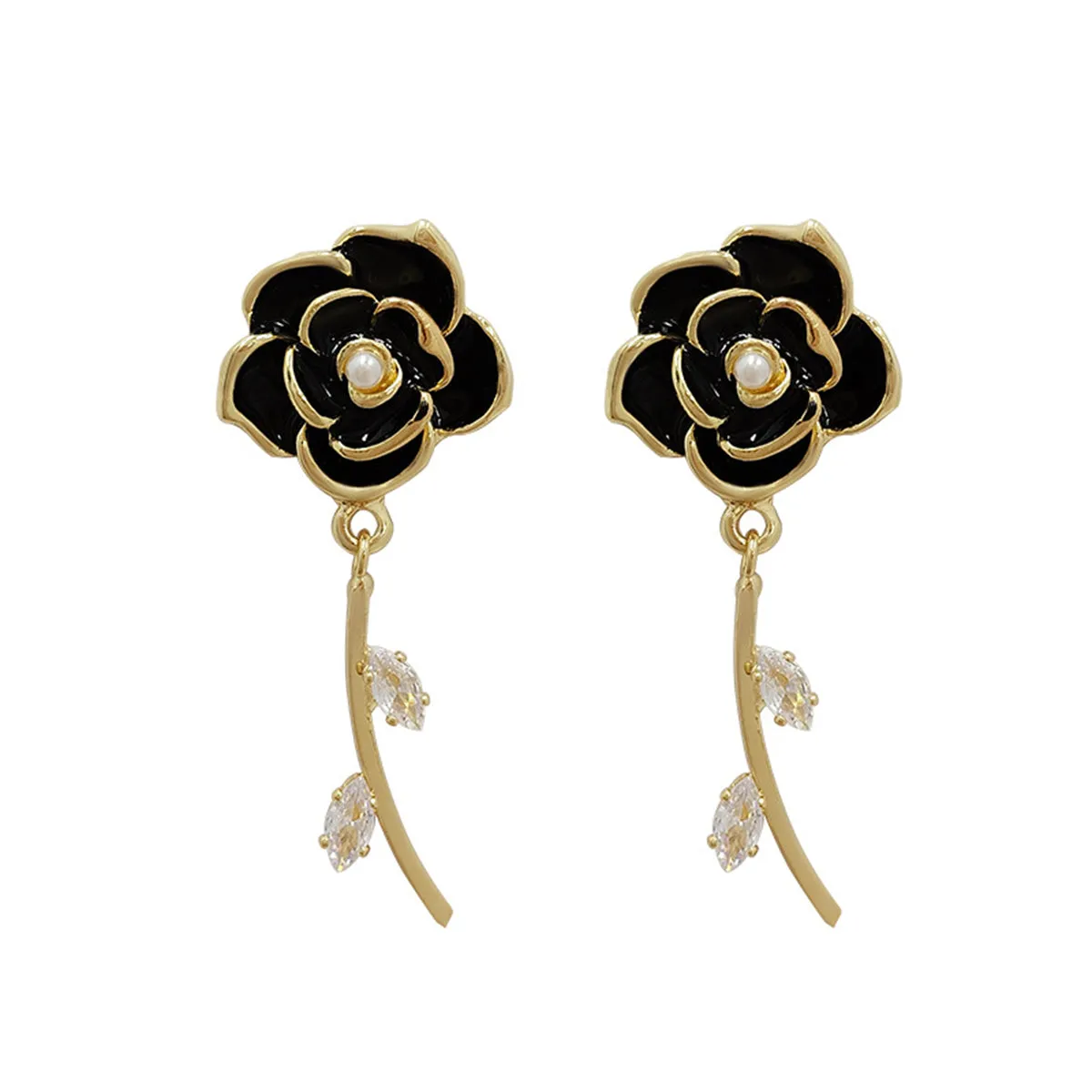 Black Enamel & Cubic Zirconia 18K Gold-Plated Floral Drop Earrings