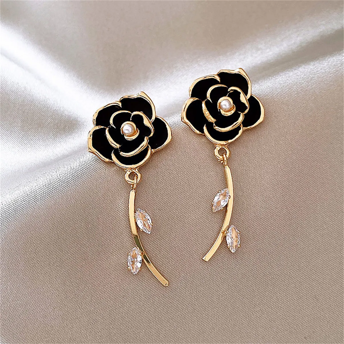 Black Enamel & Cubic Zirconia 18K Gold-Plated Floral Drop Earrings