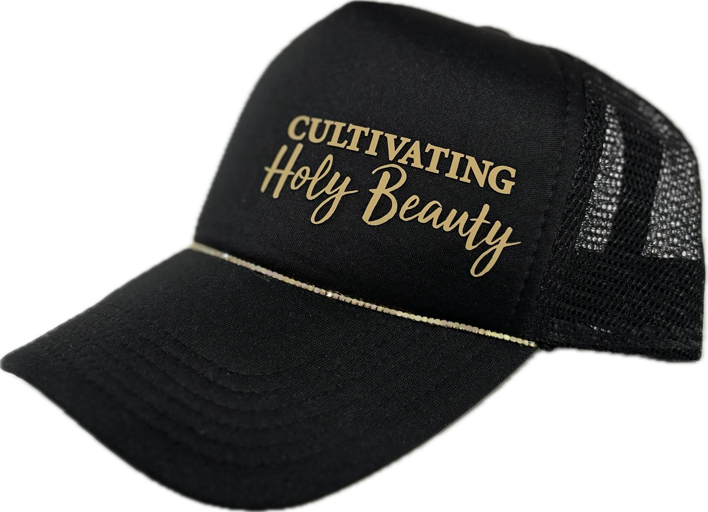 Black Pony Trucker Hat w/ Tan Logo & ✨Bill Bling✨