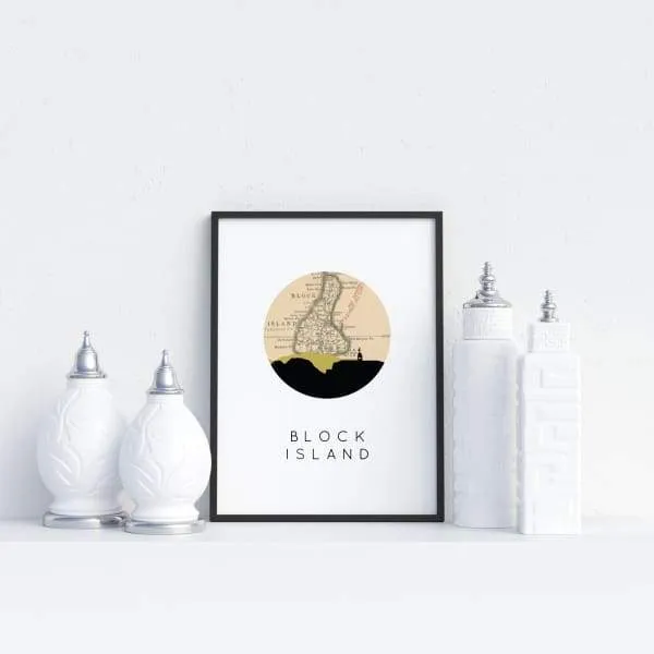 Block Island, Rhode Island city skyline with vintage Block Island map