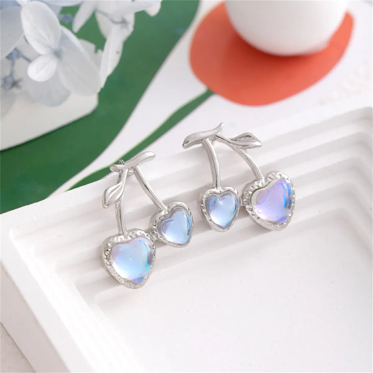 Blue Quartz & Silver-Plated Cherry Heart Stud Earrings