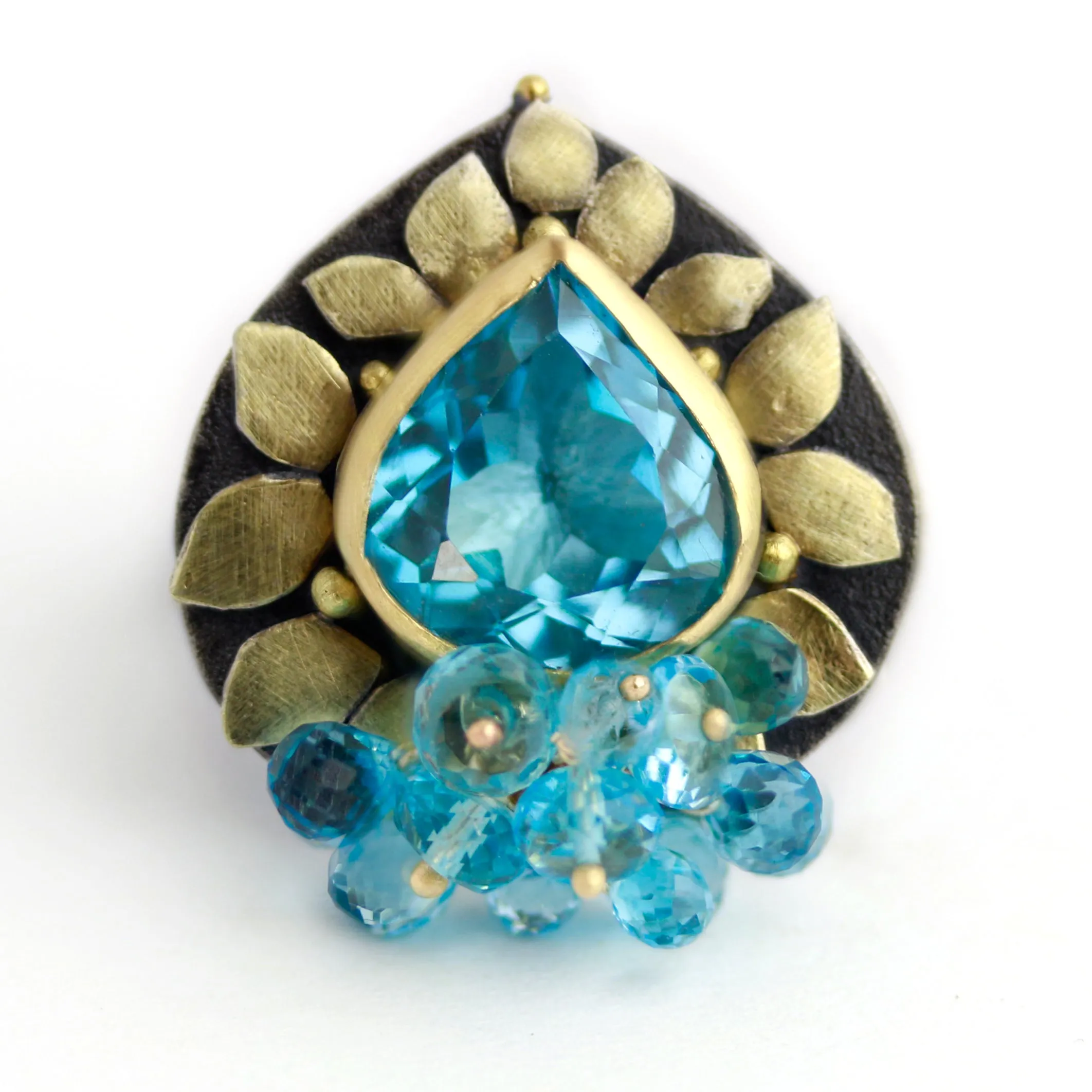 Blue Topaz and Gold Leaves Ring. Size 6 1/4.