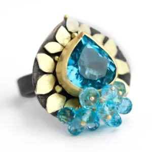Blue Topaz and Gold Leaves Ring. Size 6 1/4.