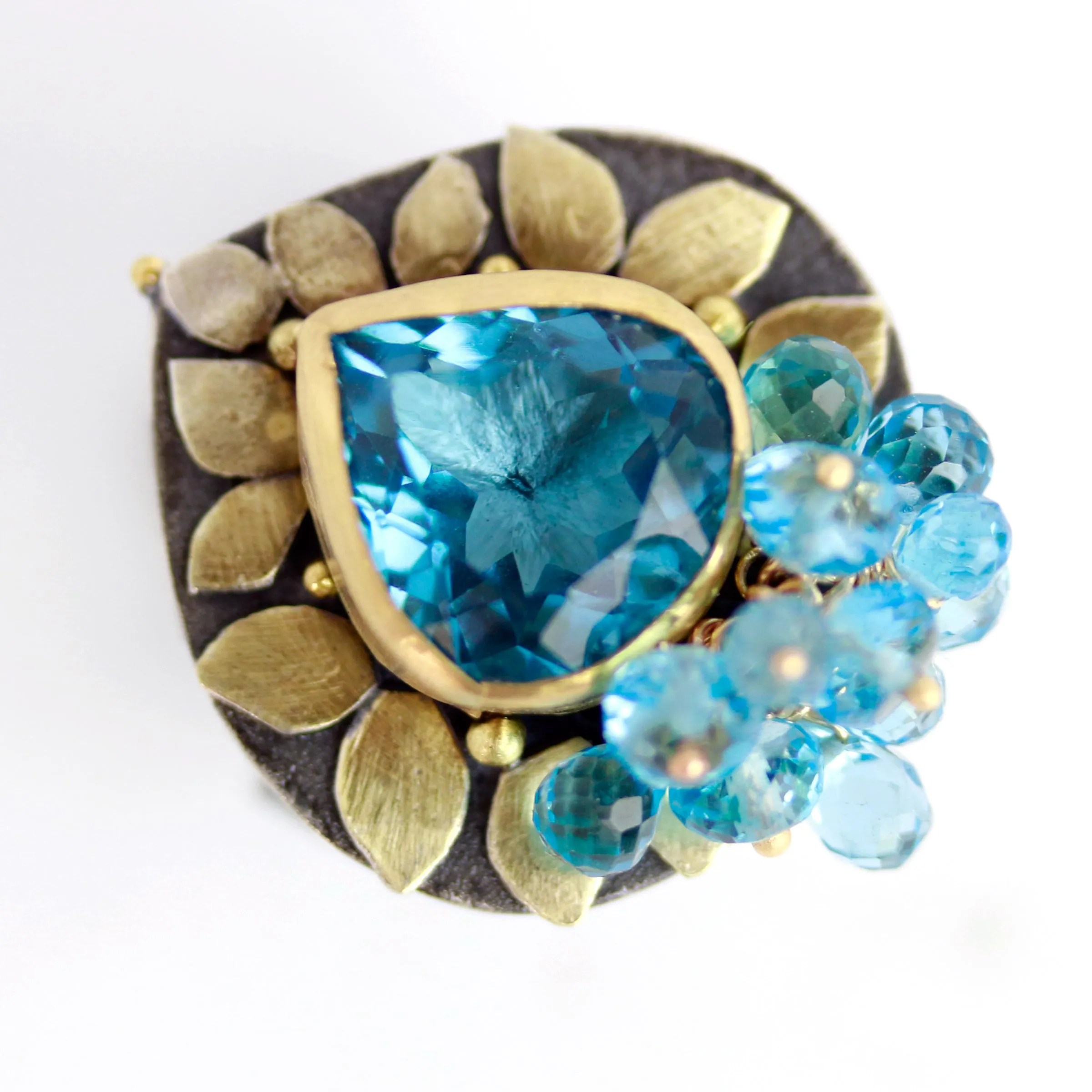 Blue Topaz and Gold Leaves Ring. Size 6 1/4.