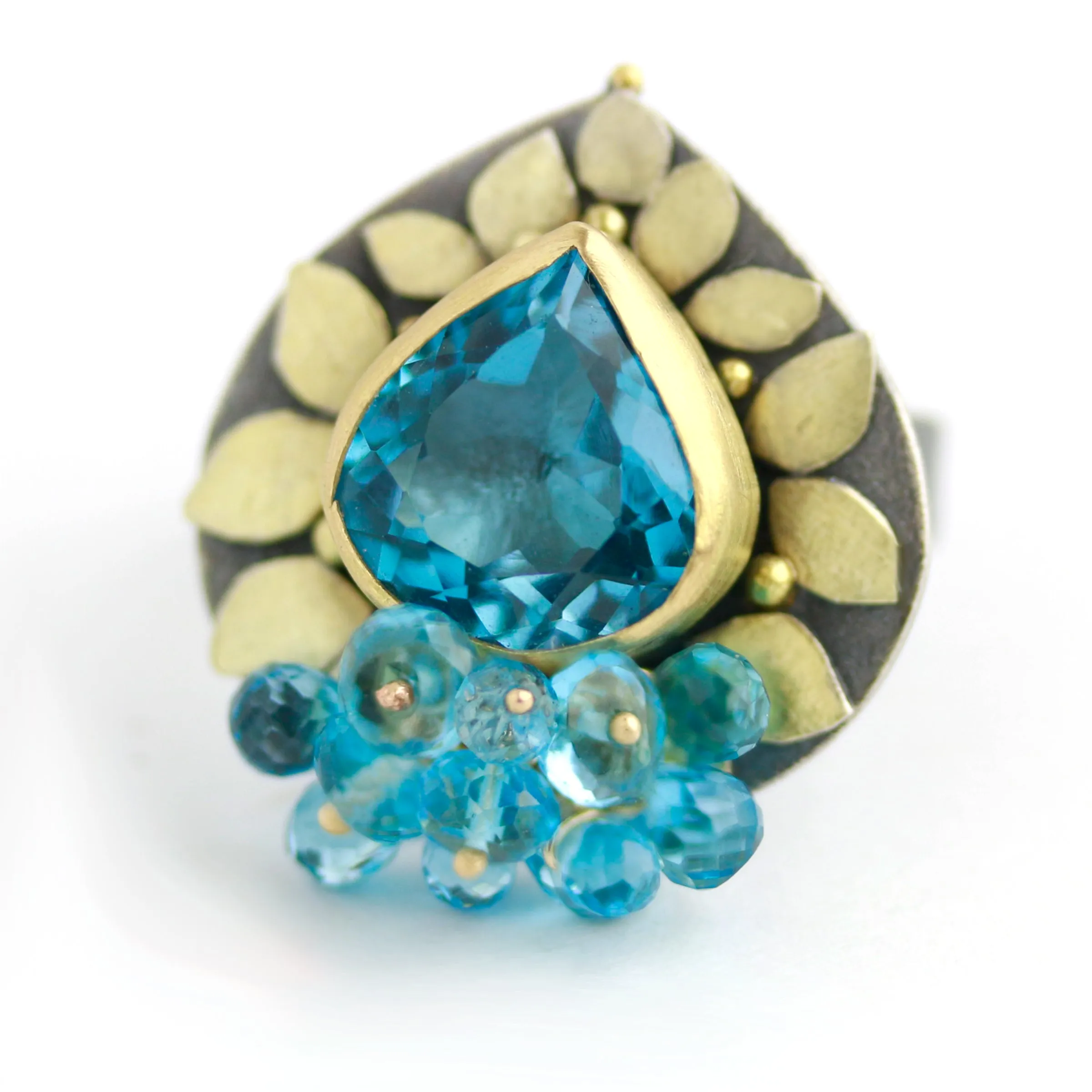Blue Topaz and Gold Leaves Ring. Size 6 1/4.