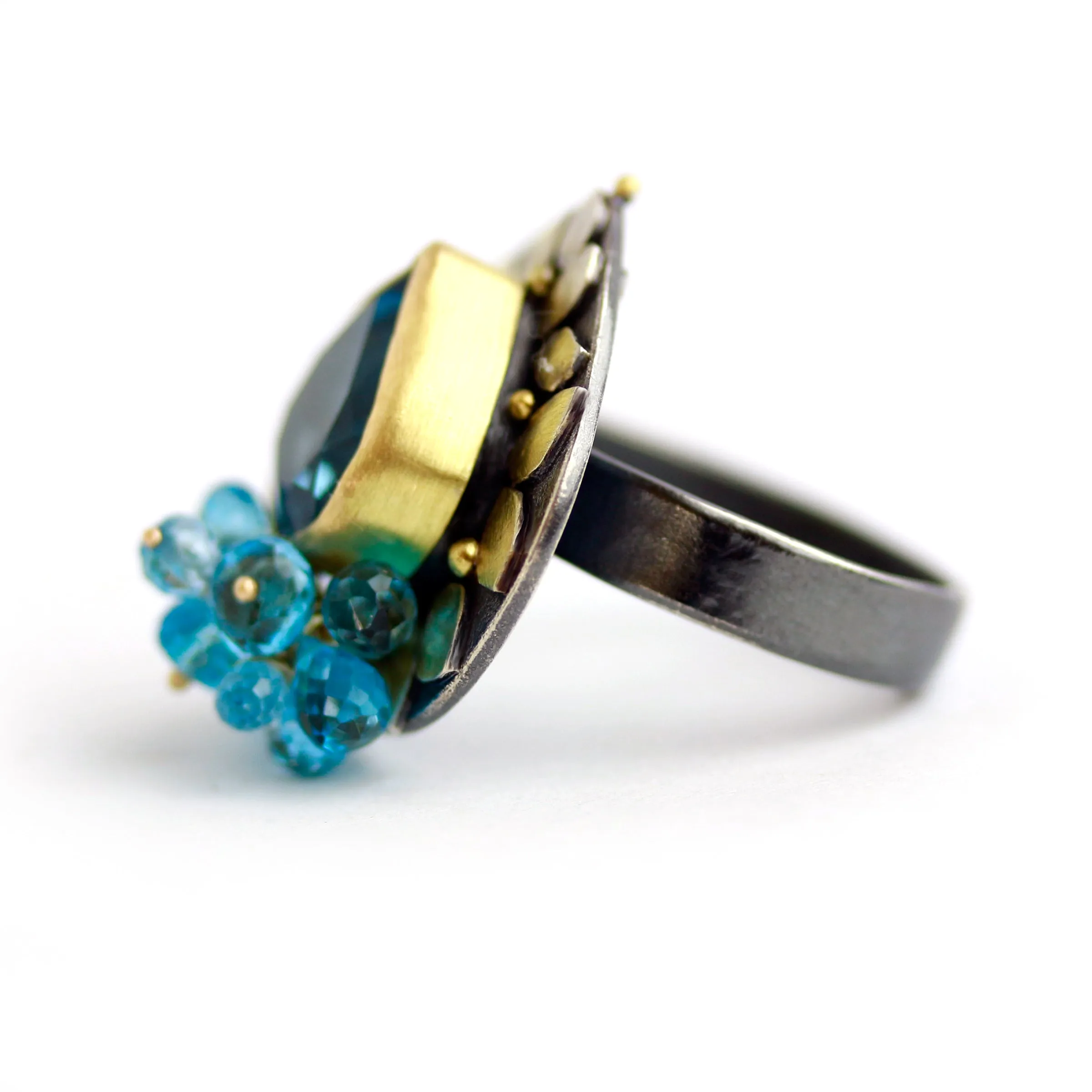 Blue Topaz and Gold Leaves Ring. Size 6 1/4.
