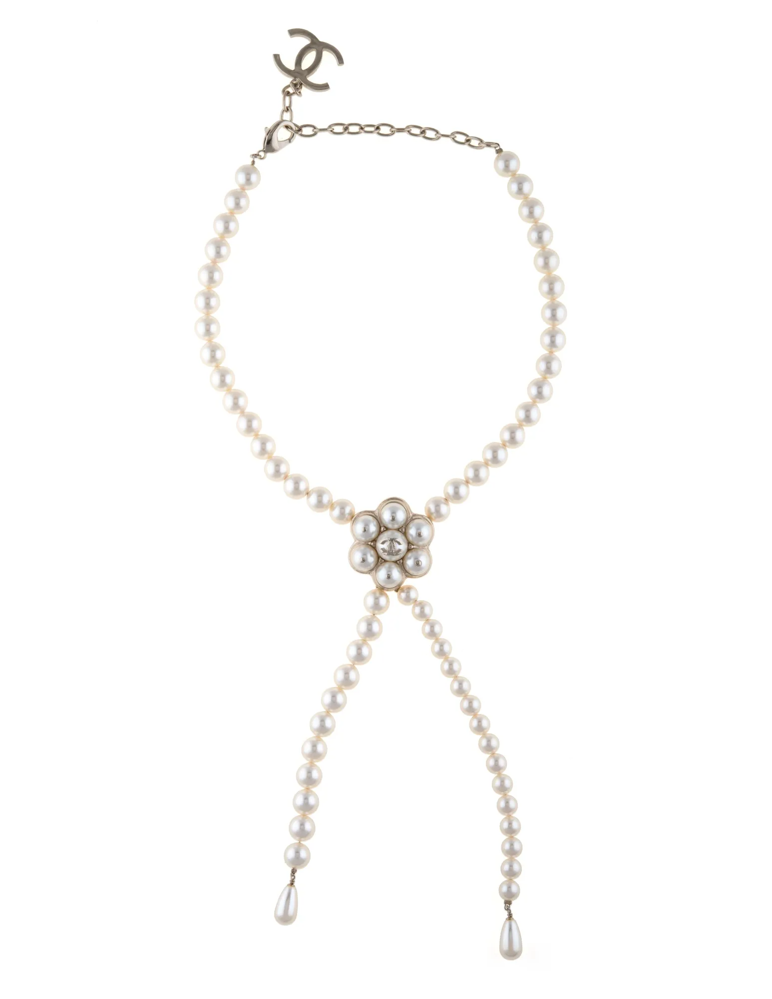 Chanel Faux Pearl Choker Drop Necklace Light Yellow Tone Circa 2015