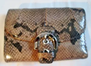 COACH Snakeskin Python Leather Bifold Change Purse Wallet Pouch BROWN Buckle