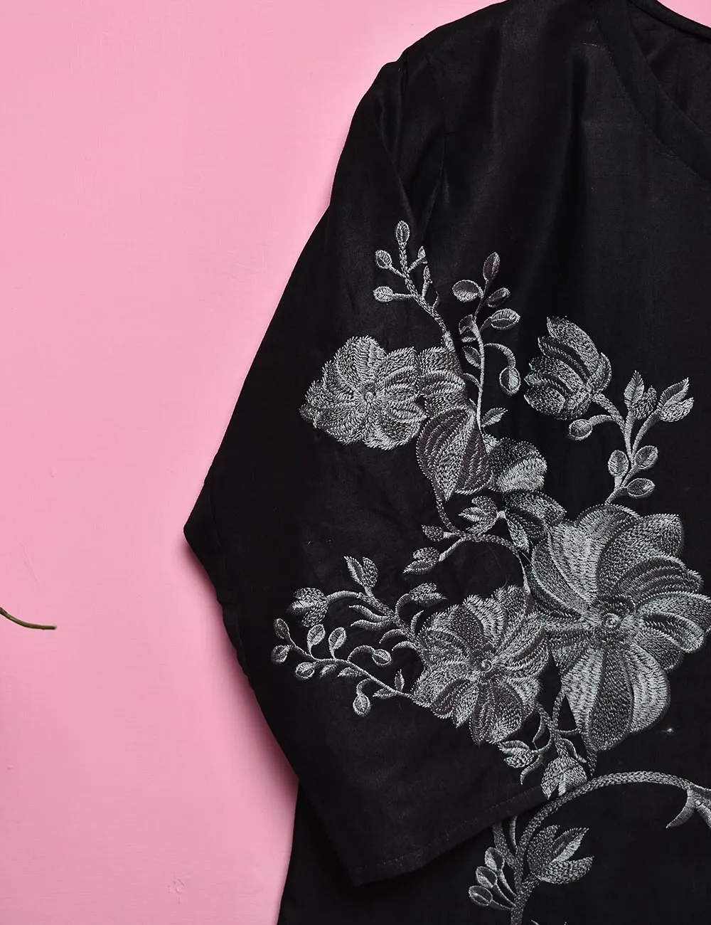 Cotton Embroidered Stitched Kurti - Fleur D'hibiscus (TS-016B-Black)