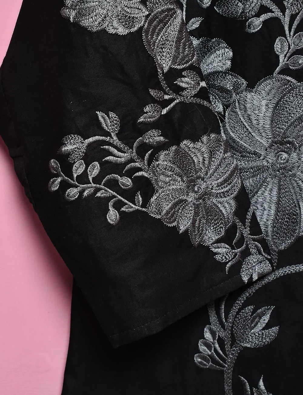Cotton Embroidered Stitched Kurti - Fleur D'hibiscus (TS-016B-Black)