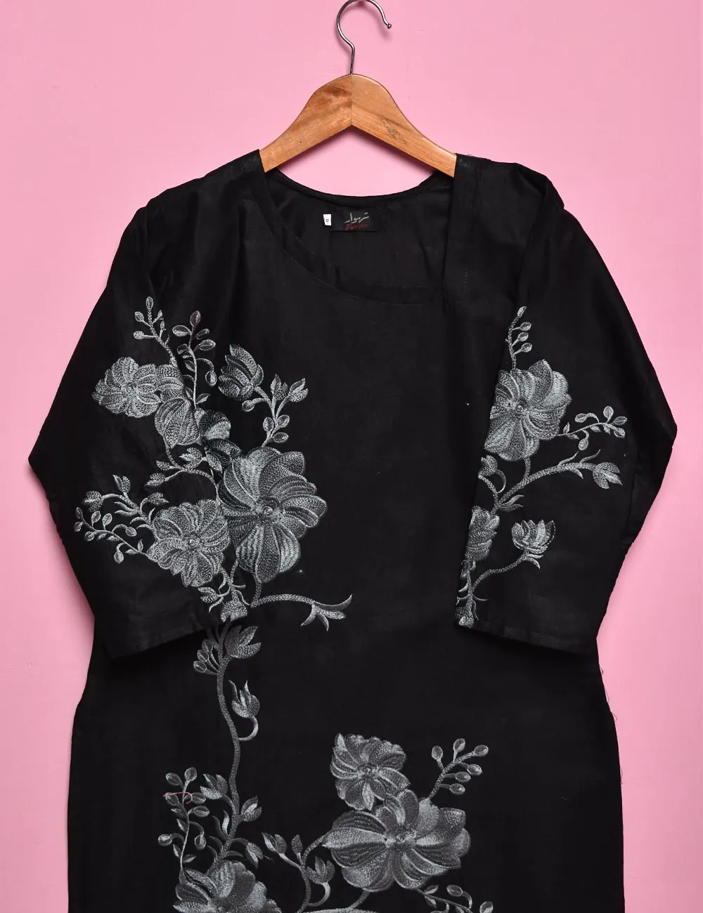 Cotton Embroidered Stitched Kurti - Fleur D'hibiscus (TS-016B-Black)