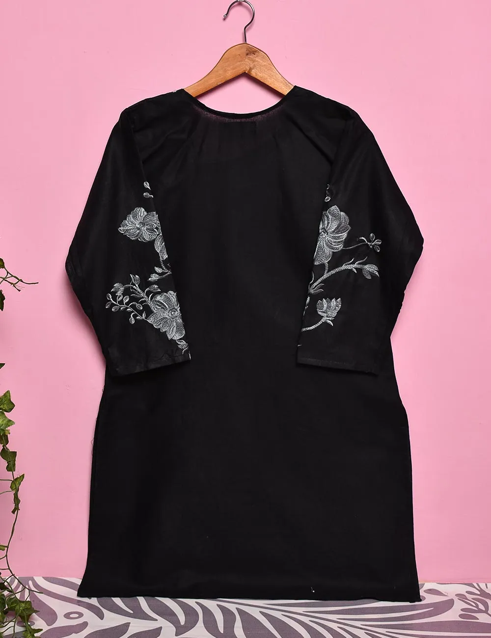 Cotton Embroidered Stitched Kurti - Fleur D'hibiscus (TS-016B-Black)