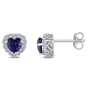 Created Blue Sapphire and Diamond Heart Earrings