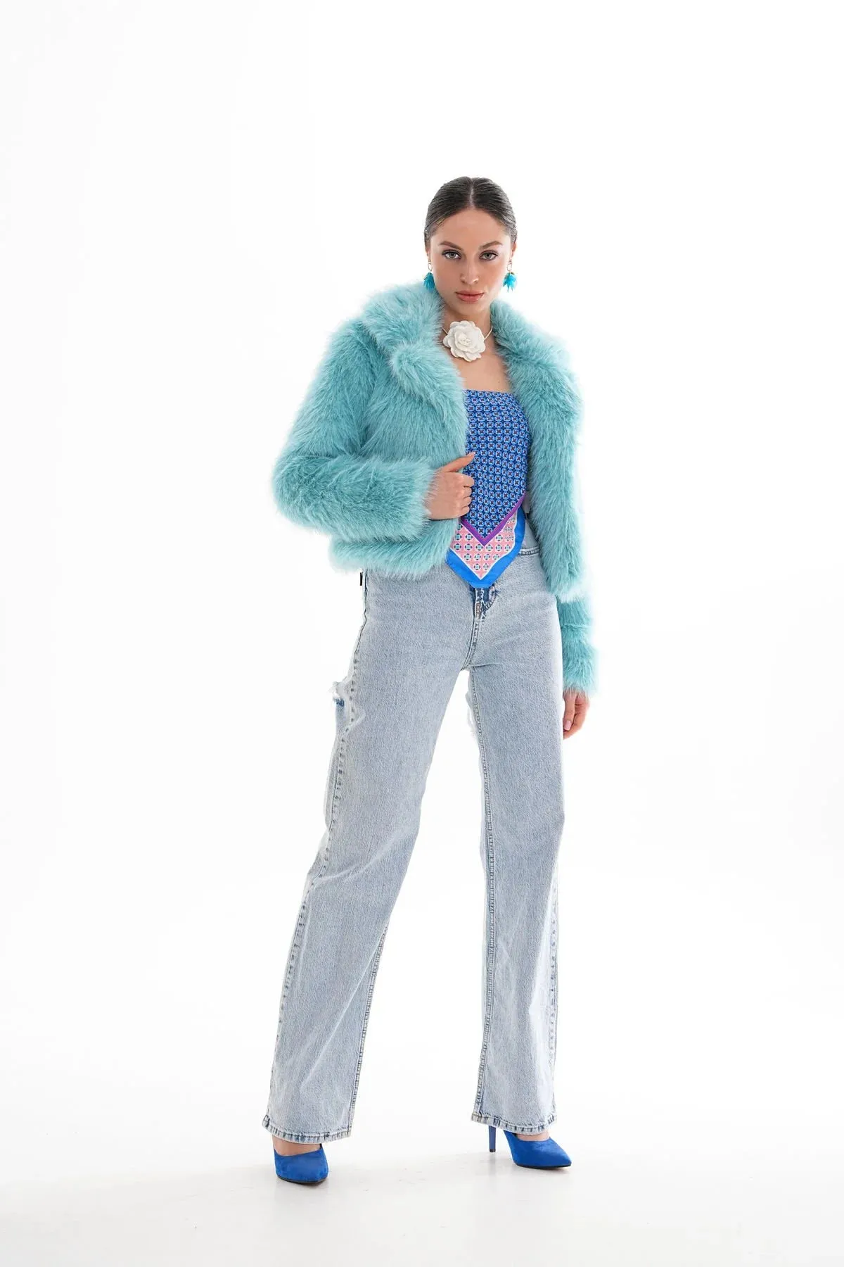 Crop Cut Faux Fur Coat – Baby Blue