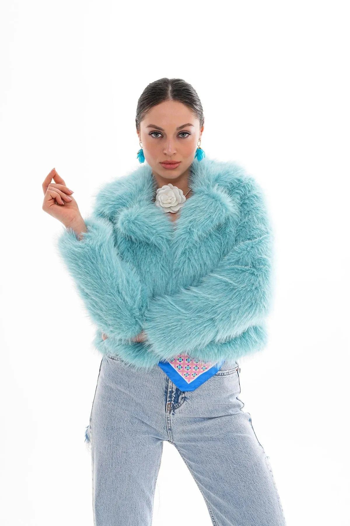 Crop Cut Faux Fur Coat – Baby Blue