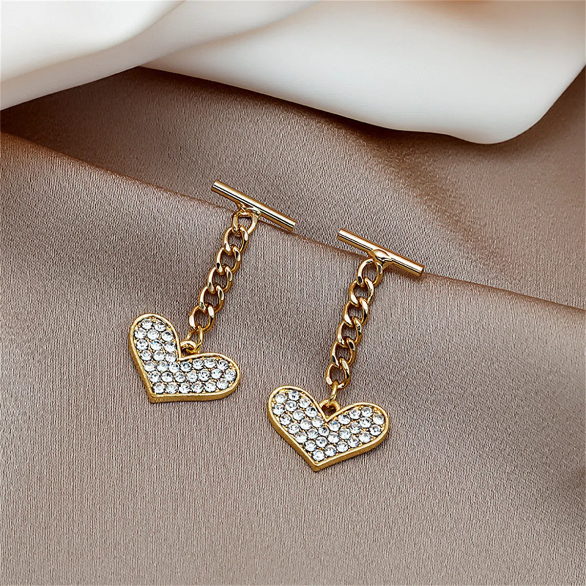 Cubic Zirconia & 18K Gold-Plated Cable Chain Heart Drop Earrings