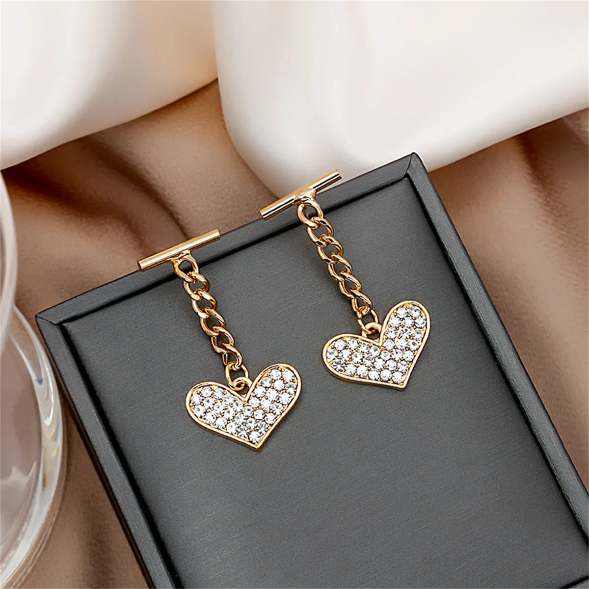 Cubic Zirconia & 18K Gold-Plated Cable Chain Heart Drop Earrings