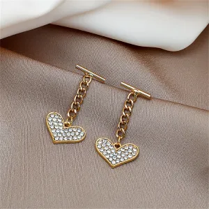Cubic Zirconia & 18K Gold-Plated Cable Chain Heart Drop Earrings