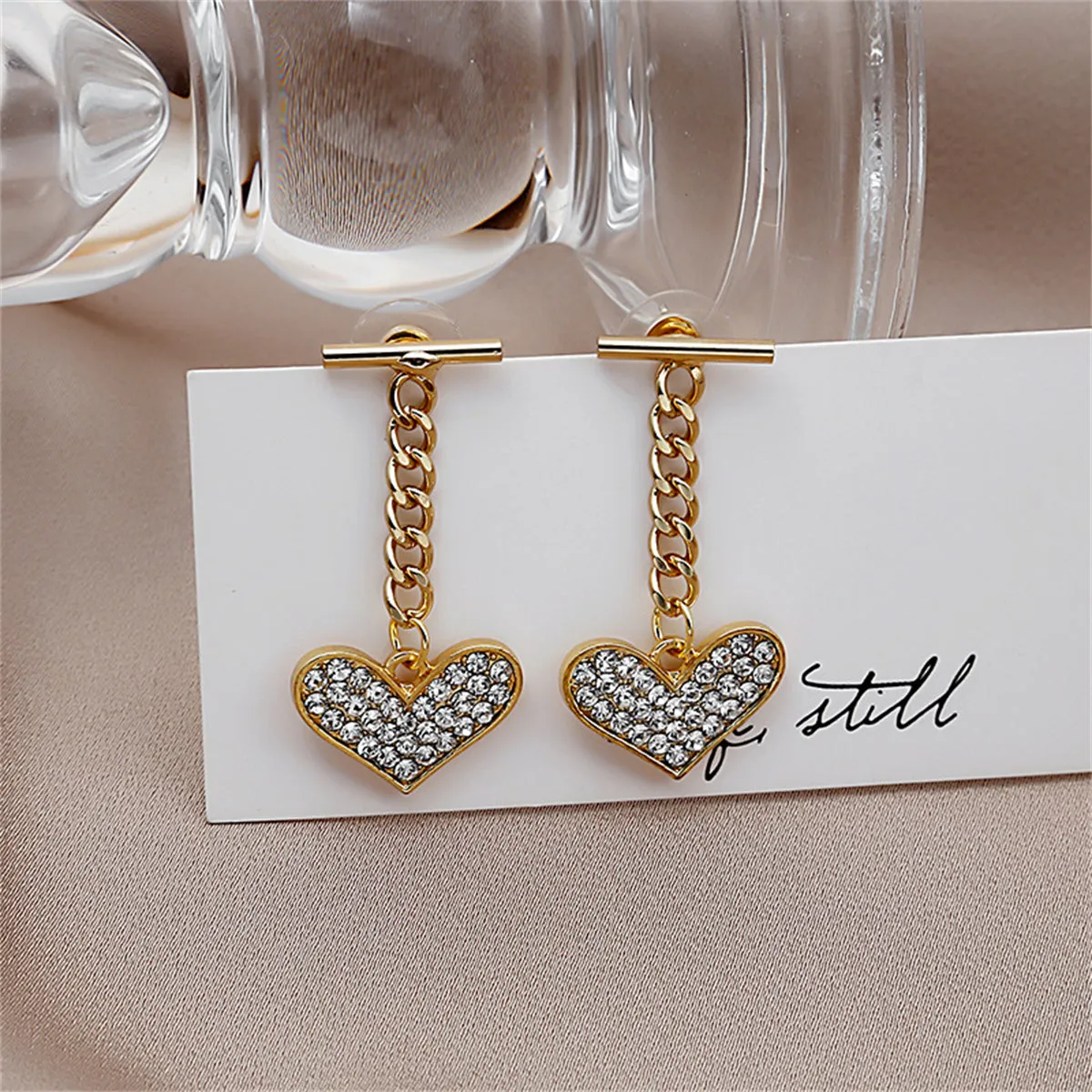 Cubic Zirconia & 18K Gold-Plated Cable Chain Heart Drop Earrings