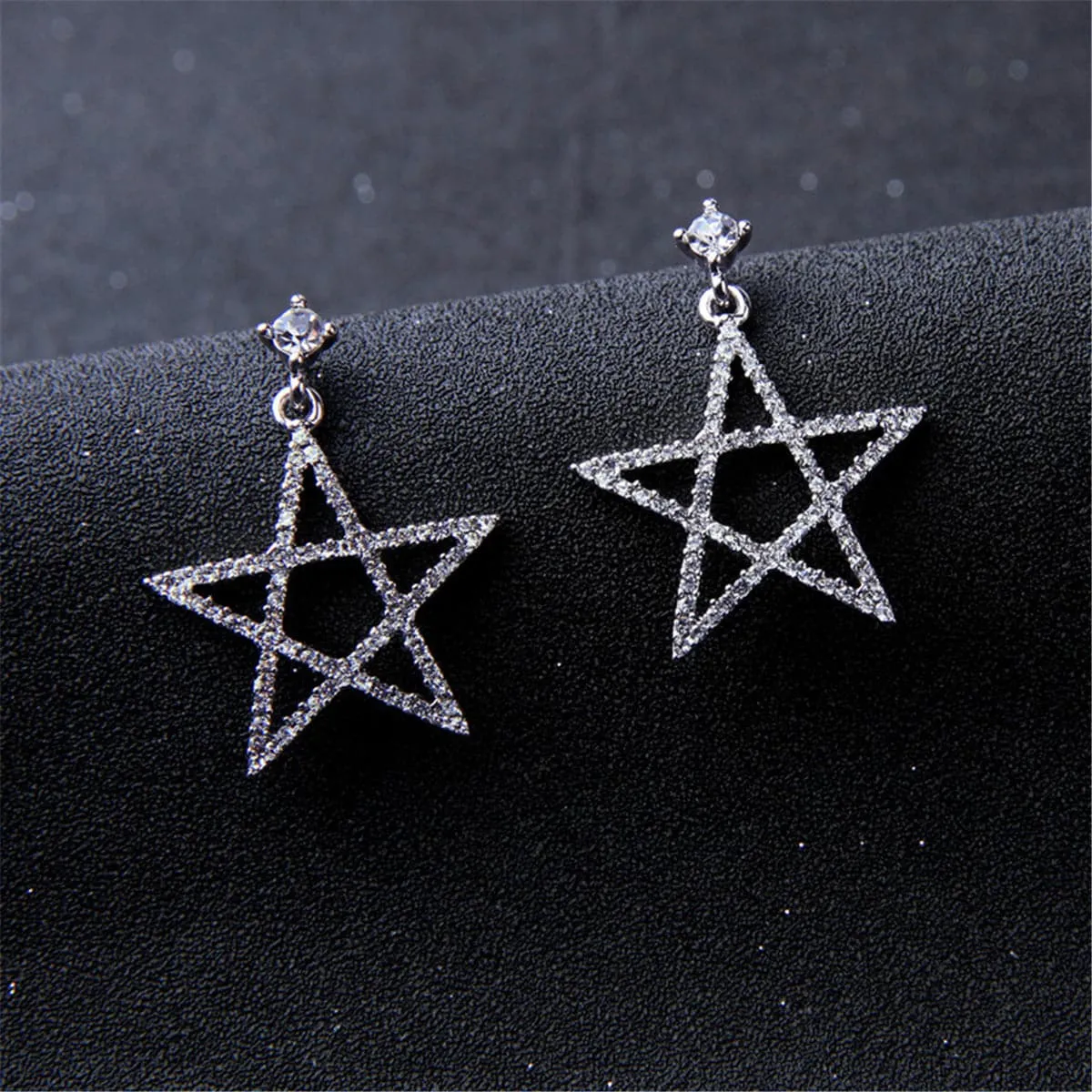 Cubic Zirconia & Silver-Plated Openwork Star Drop Earrings