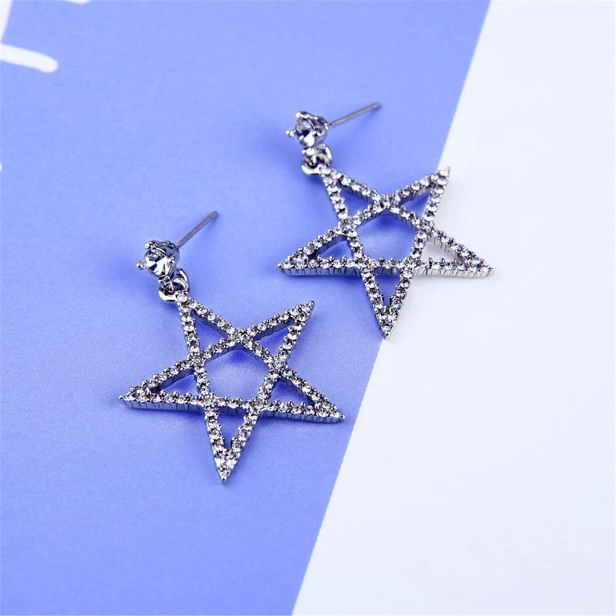 Cubic Zirconia & Silver-Plated Openwork Star Drop Earrings