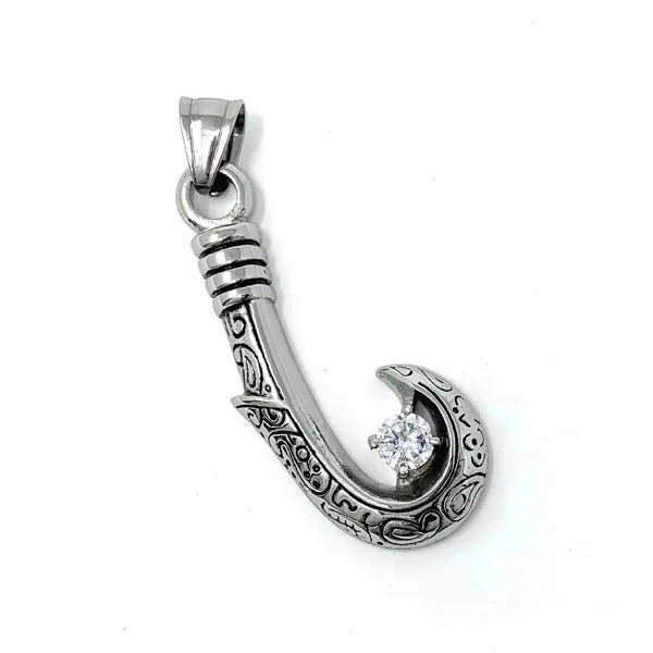 CZ Clear Stone Ornate Fish Hook Pendant (#bjp013)