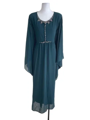 Dark Green Bejeweled Bat Sleeves Dress